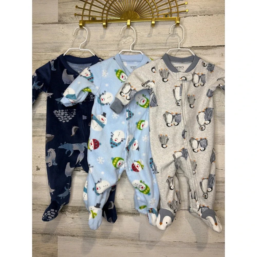 Carter's Fleece Sleepers Bundle Baby Boys 3M Blue Gray Penguin Snowman Winter